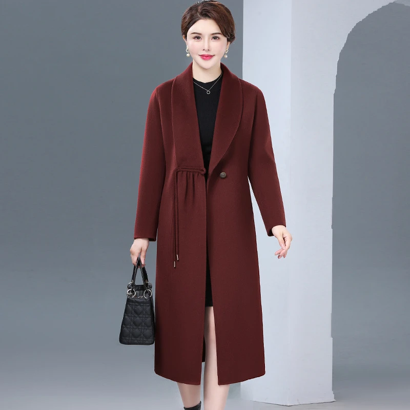 2025秋冬新款双面羊毛大衣女韩版显气质长款过膝妈妈装羊毛呢外套
