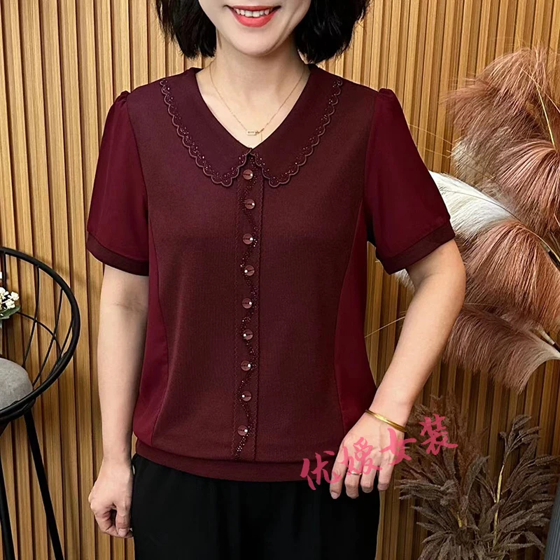 妈妈装夏季花边娃娃领烫钻拼接宽松显瘦中老年女装短袖上衣A25617