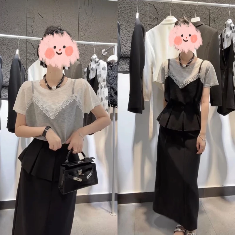 夏季新款时尚设计感气质蕾丝假两件短袖上衣个性高腰半身裙两件套