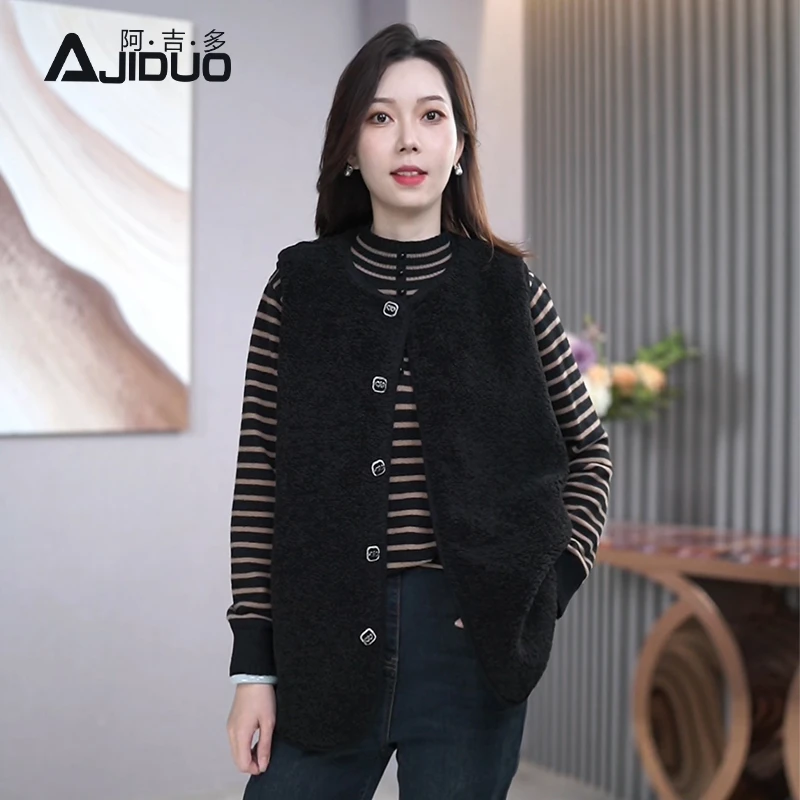 A23132阿吉多黑色羊羔绒马甲女新款秋冬外穿马夹洋气高级妈妈坎肩