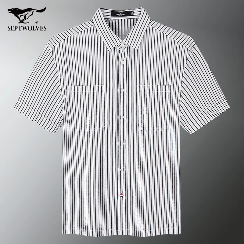 [泡泡纱]七匹狼短袖衬衫男士夏季新款易打理条纹休闲廓形正品衬衣