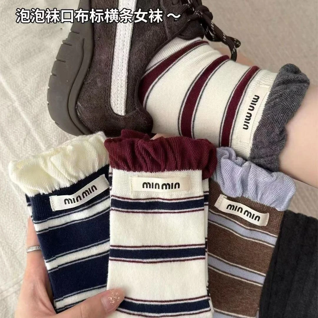 韩系泡泡口条纹秋冬中筒袜子无骨棉袜百搭ins复古堆堆女袜冬季