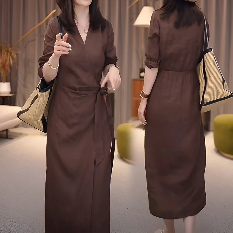 高级感宽松气质时尚系带长裙子女202中式嫁衣夏季新中式印花长裙