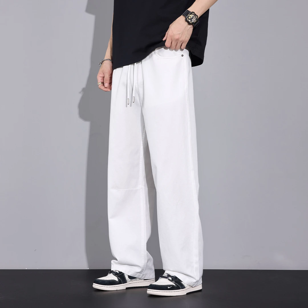 Kuvine潮牌2025夏季新款休闲裤男宽松天丝凉感透气薄款白色男裤子