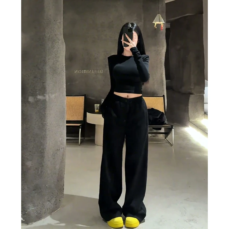 2025早秋新款韩系穿搭修身短款圆领长袖上衣气质高腰显瘦阔腿长裤