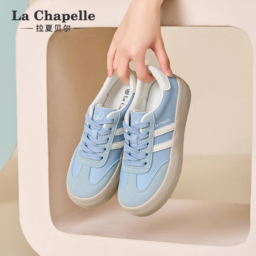 拉夏贝尔蓝色德训板鞋女2025新款冬季爆款学生百搭运动休闲小白鞋