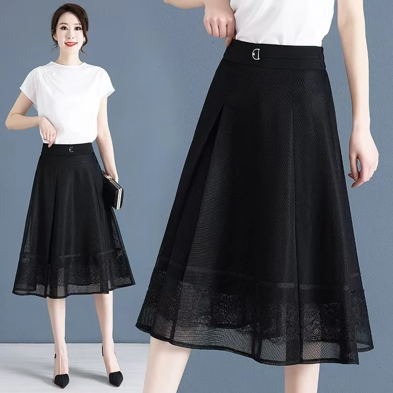 289#D字爱心纱纱半身裙女大摆气质时尚百搭高腰显瘦中长款春夏