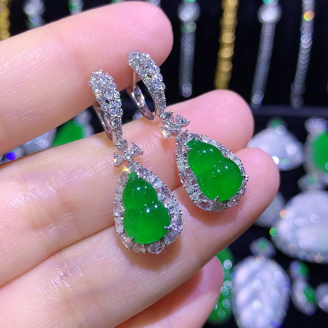 翡翠18K金镶嵌耳饰高冰满绿阳绿葫芦