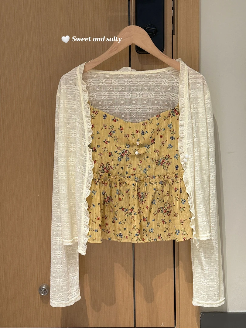 夏季薄款透气洋气茶歇气质通勤短款碎花吊带背心外套开衫