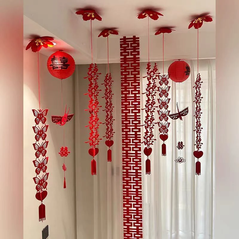 婚房布置吊顶装饰女方卧室喜字拉花挂饰结婚挂饰套装婚礼喜庆用品