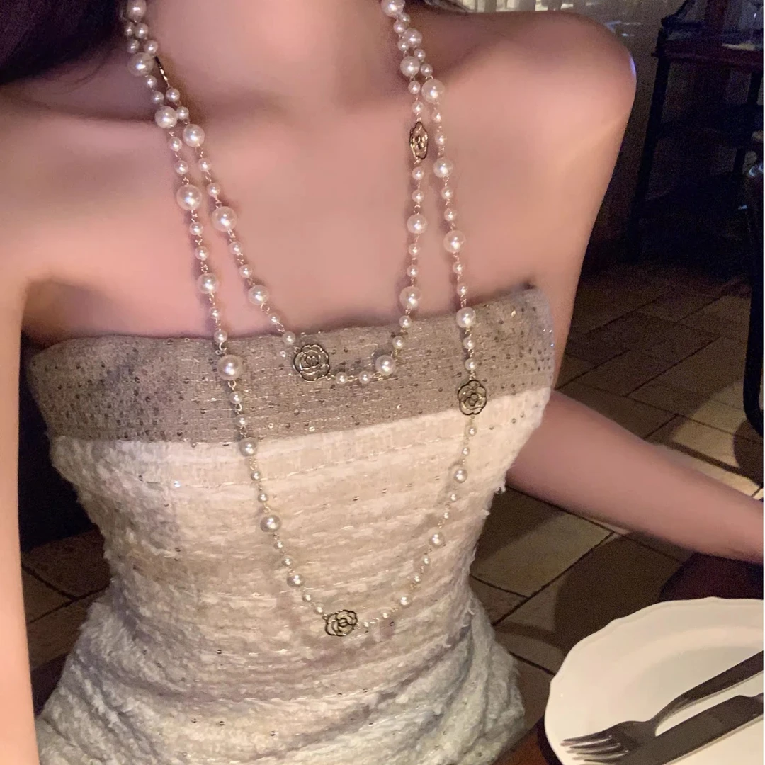 合金仿珍珠项链 矜贵小香长款山茶花珍珠项链高级感叠戴旗袍配饰