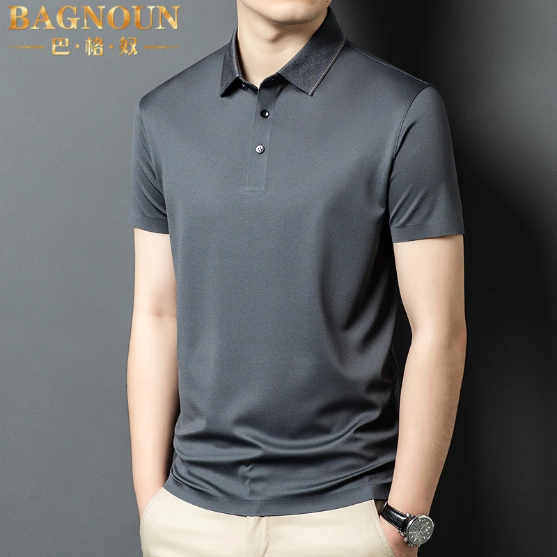 巴格奴Polo衫男士夏季新款时尚冰丝无痕桑蚕丝纯色翻领款l短袖T恤