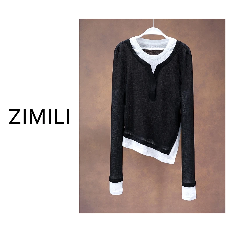 【亮哥女装】2025欧版新品暗夜黑拼接微透休闲高弹打底上衣9820-A0