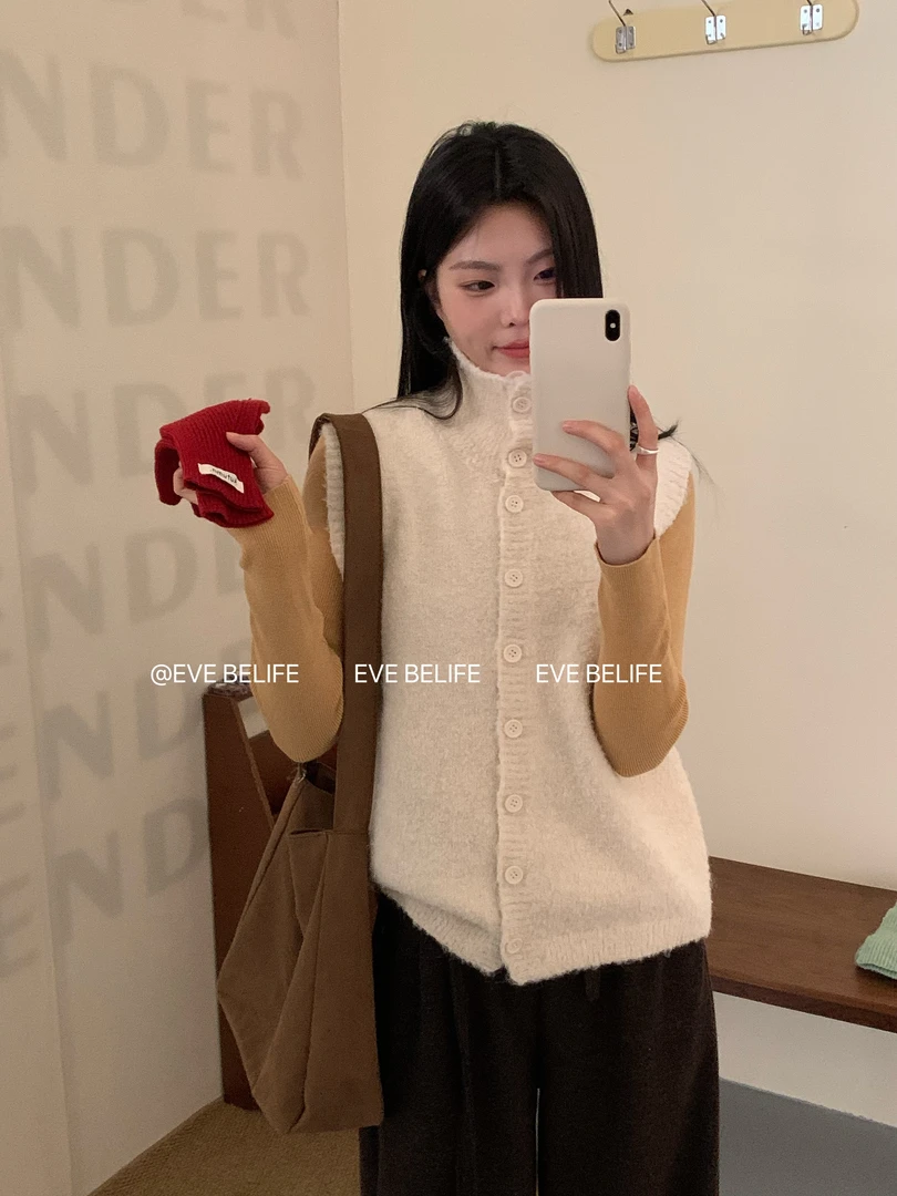 EVE设计款高领简约纽扣无袖毛衣 1828（均码衣长54胸围106）