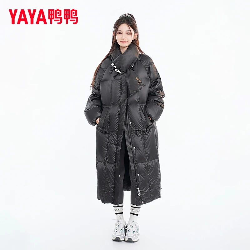 YAYA/鸭鸭长款羽绒服女2024冬新款纯色时尚休闲百搭御寒保暖外套