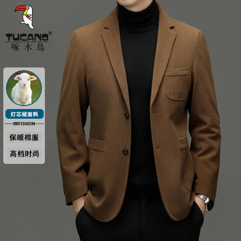 啄木鸟秋冬季灯芯绒加棉西服外套男士商务休闲中老年爸爸西装上衣