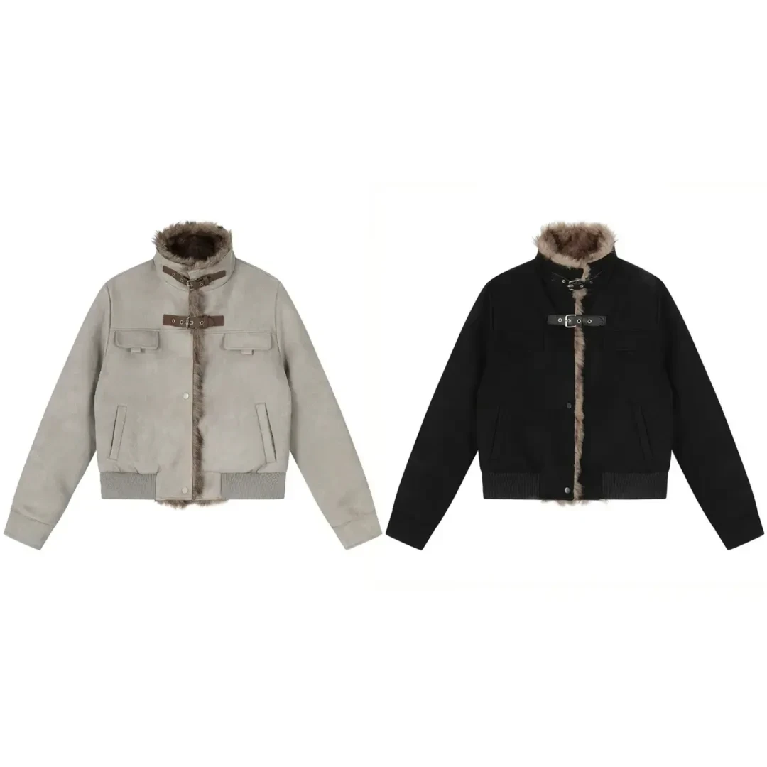 【OWH】一体毛美式复古翻领秋冬穿搭潮牌加厚解构连帽座山雕棉外套