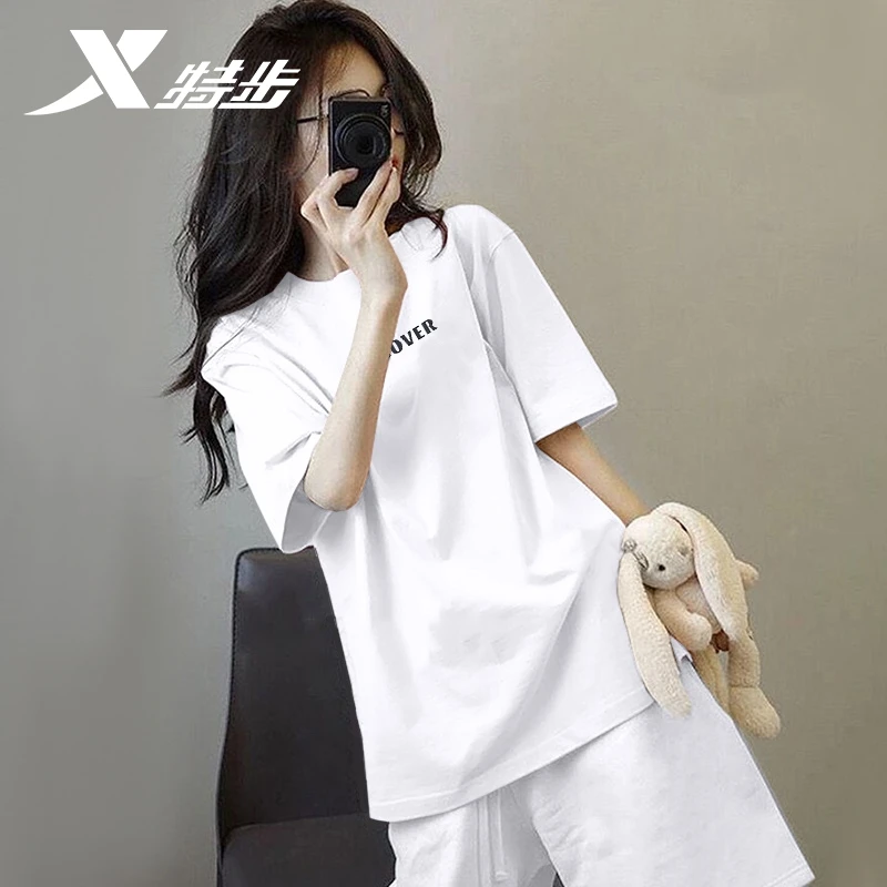 特步短袖T恤女夏季棉质2025白色潮流休闲运动服圆领上衣男女同款