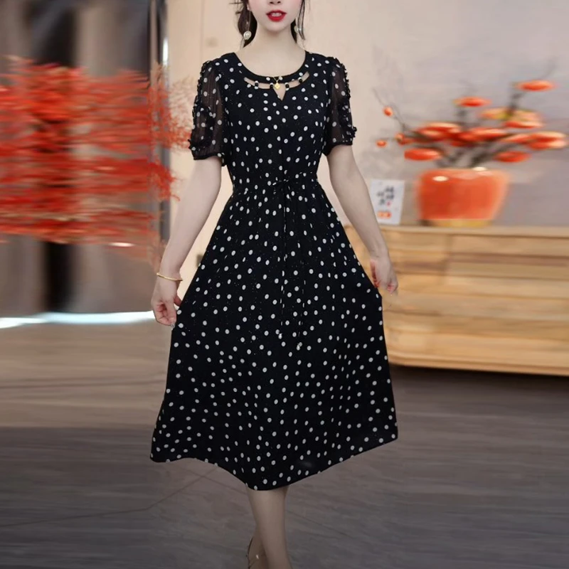 冰丽丝温婉大方衣服2025夏季新款时尚洋气波点精致设计感连衣裙子