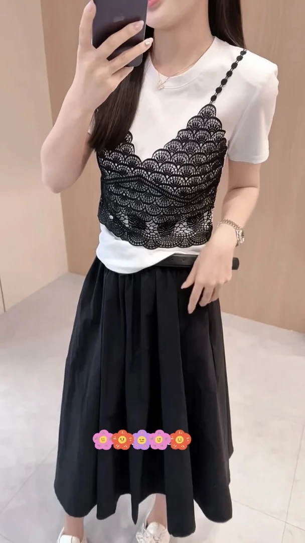 蕾丝勾花假两件设计圆领短袖舒适气质T恤衫2025夏季新款时尚上衣