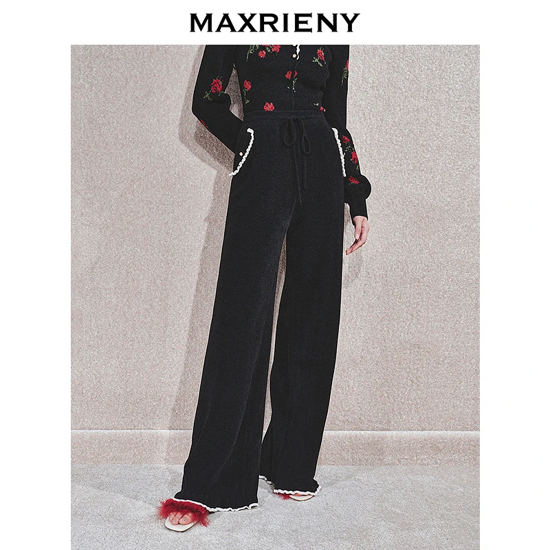 【古力娜扎同款-节庆穿搭】MAXRIENY直筒针织长裤花边装饰休闲裤女
