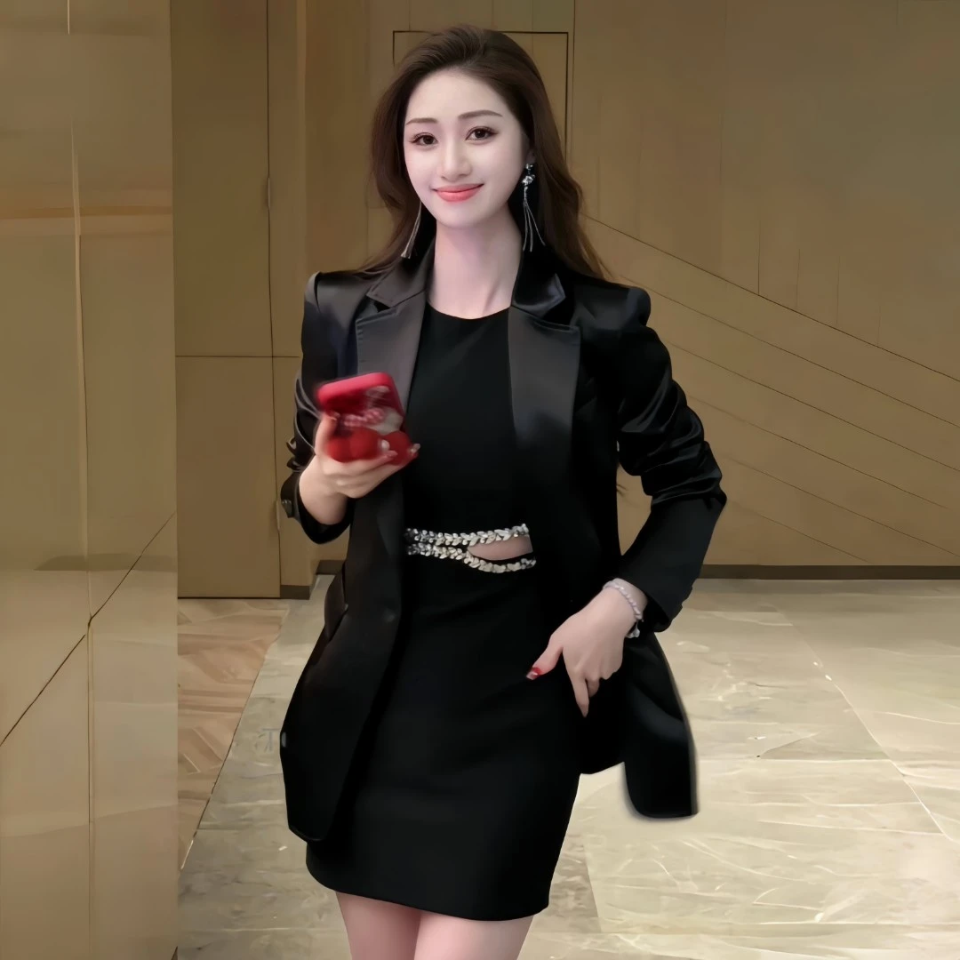 洋气黑色高级感西装外套女款爆款2025秋装新款收腰中长款西服女