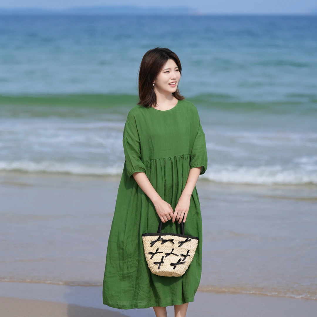 十五家2025夏季新款苎麻文艺圆领宽松大码袍子款捻皱连衣裙女轻薄