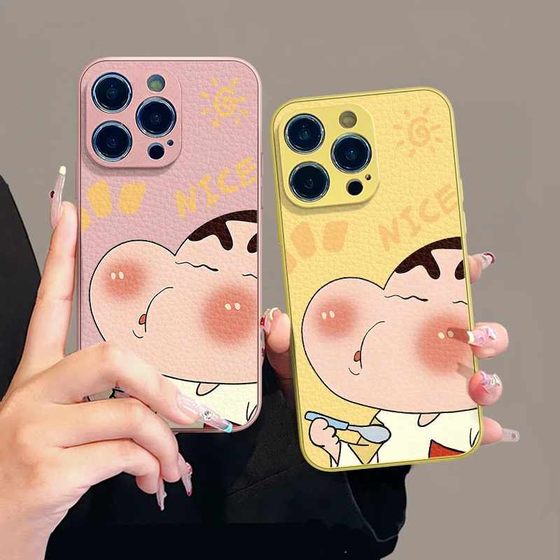 吃饭蜡笔小新适用苹果16pro手机壳15promax创意华为p70皮纹小米15