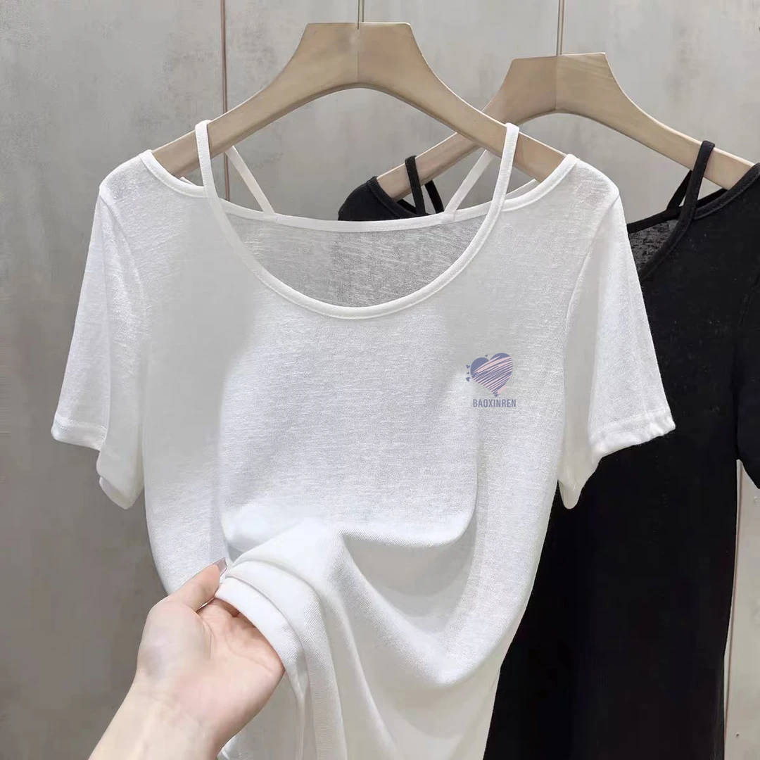 胖MM设计感小众露肩短袖2025夏季雪花棉新款韩版宽松显瘦白色上衣