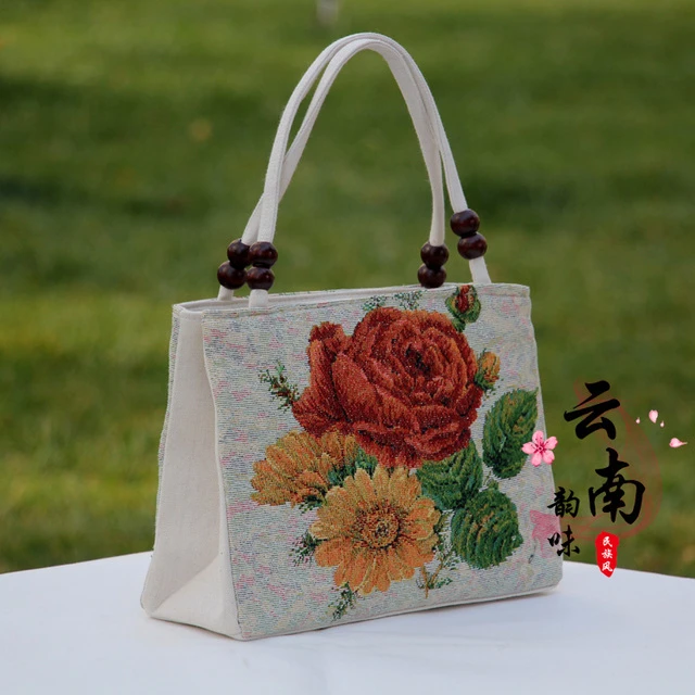 新款牡丹手提布包妈咪包手拎包手机包零钱包双面刺绣图案帆布包女