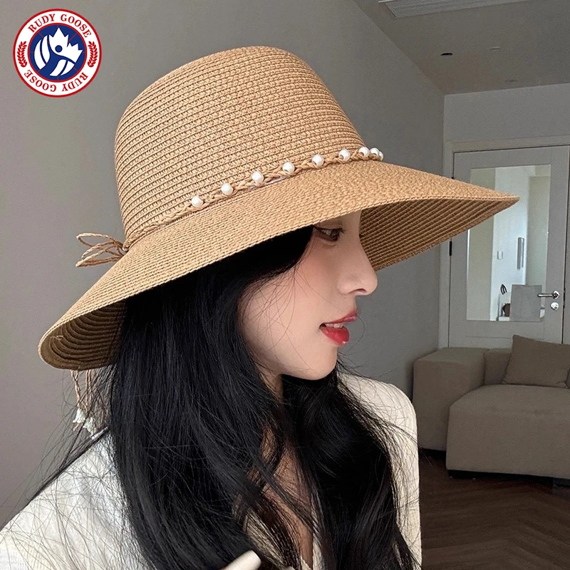 RUDY GOOSE法式珍珠草帽女系绳度假渔夫帽优雅海边沙滩防晒太阳帽