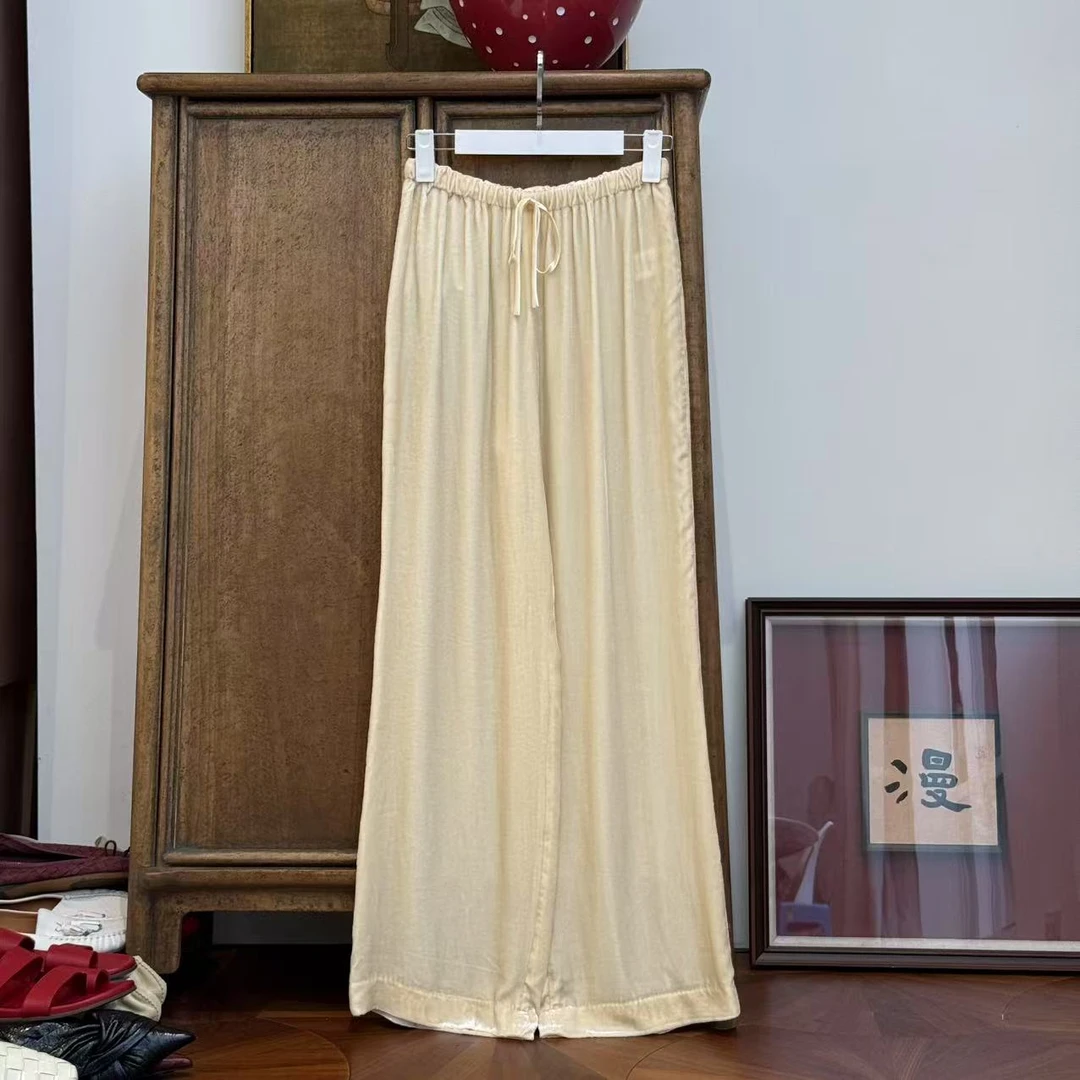 MYL 2025夏季新品桑蚕丝混纺丝绒香槟色休闲裤中腰系带休闲长裤