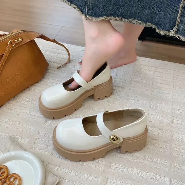w7-360厚底小皮鞋女配裙子夏季新款浅口单鞋粗跟日系