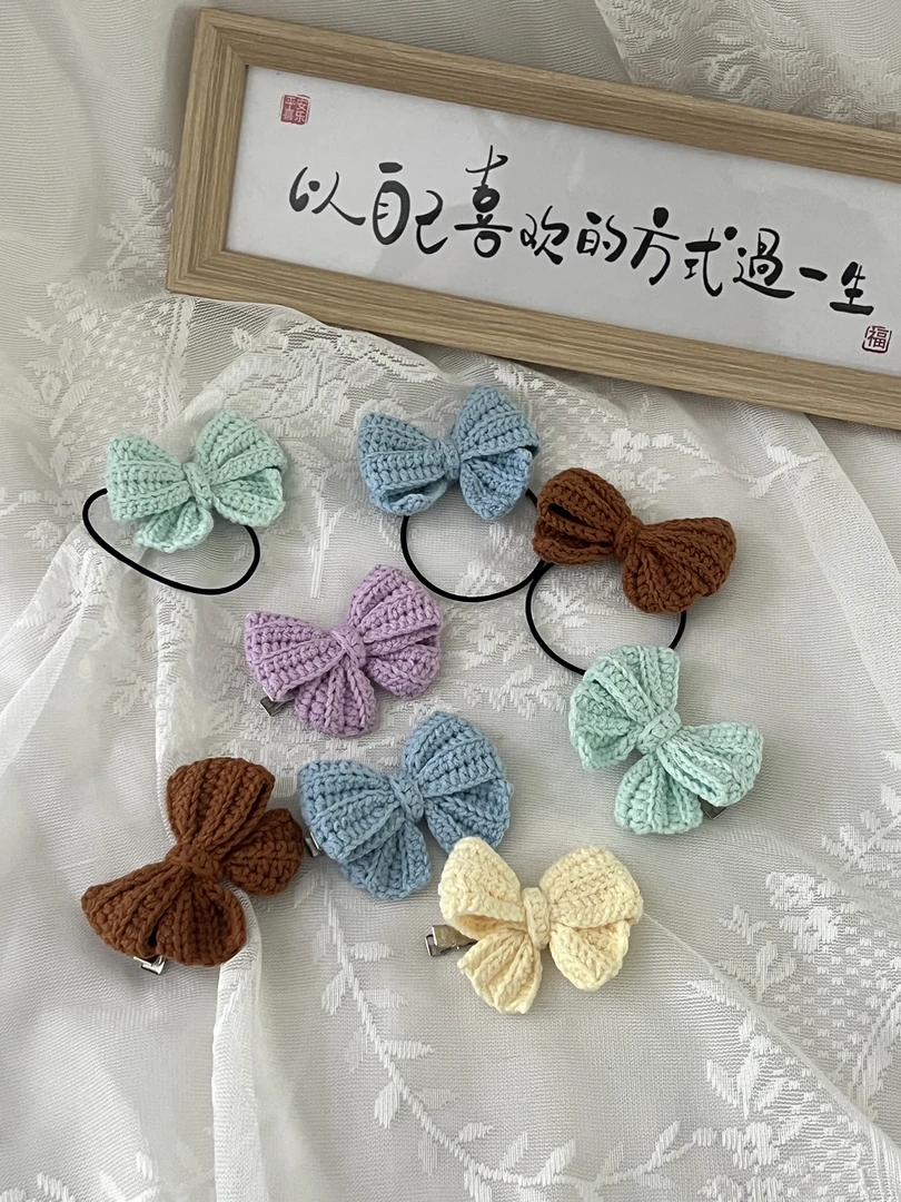 纯手工毛线钩织蝴蝶结发夹发绳可爱甜美风田园风