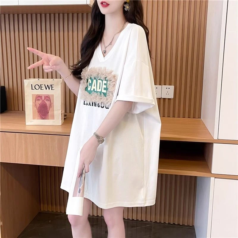 好看夏季宽松设计感短袖中长款韩版t恤女大码胖mm蕾丝花边上衣