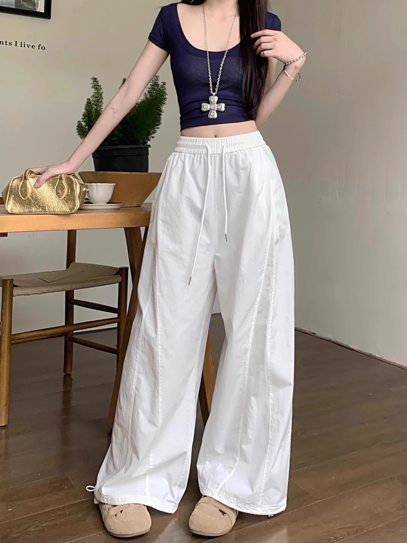 「阿男Anna」极简工装裤  慵懒风抽绳高腰白色工装裤  222-2533