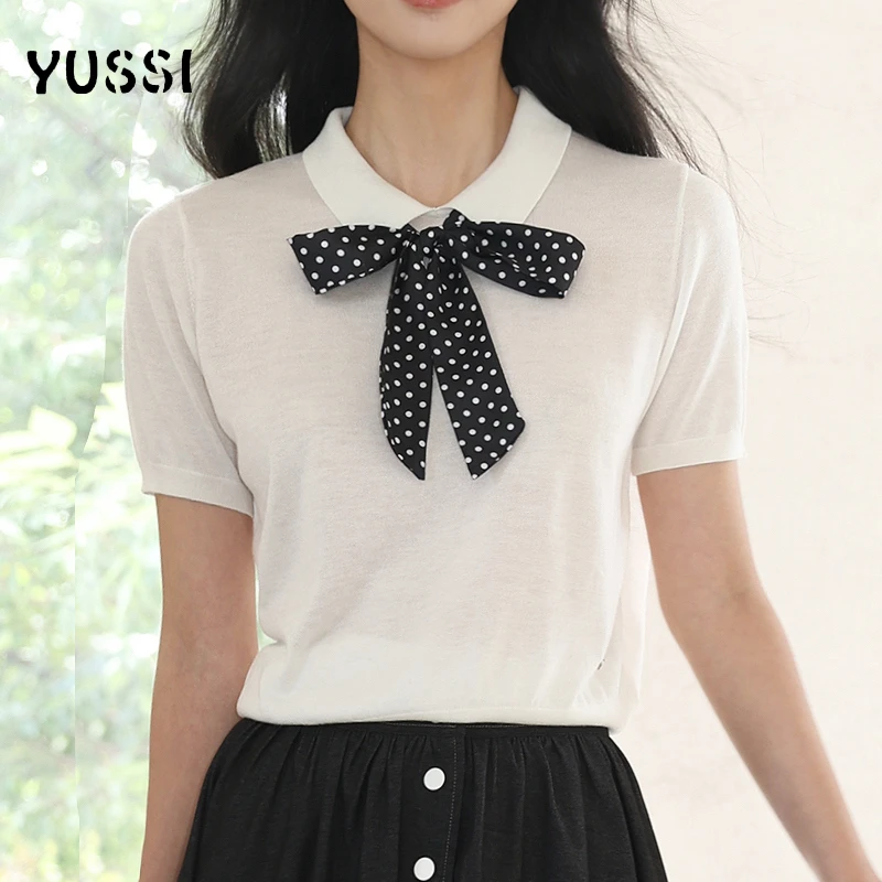 YUSSI【法式假日】桑蚕丝羊毛混纺polo领纯色毛织衫蝴蝶结丝巾短袖T
