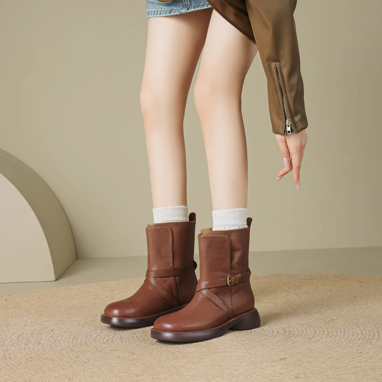 跟高4cm 韩版气质百搭舒适厚底短靴春秋简约学院风时尚皮带扣短靴