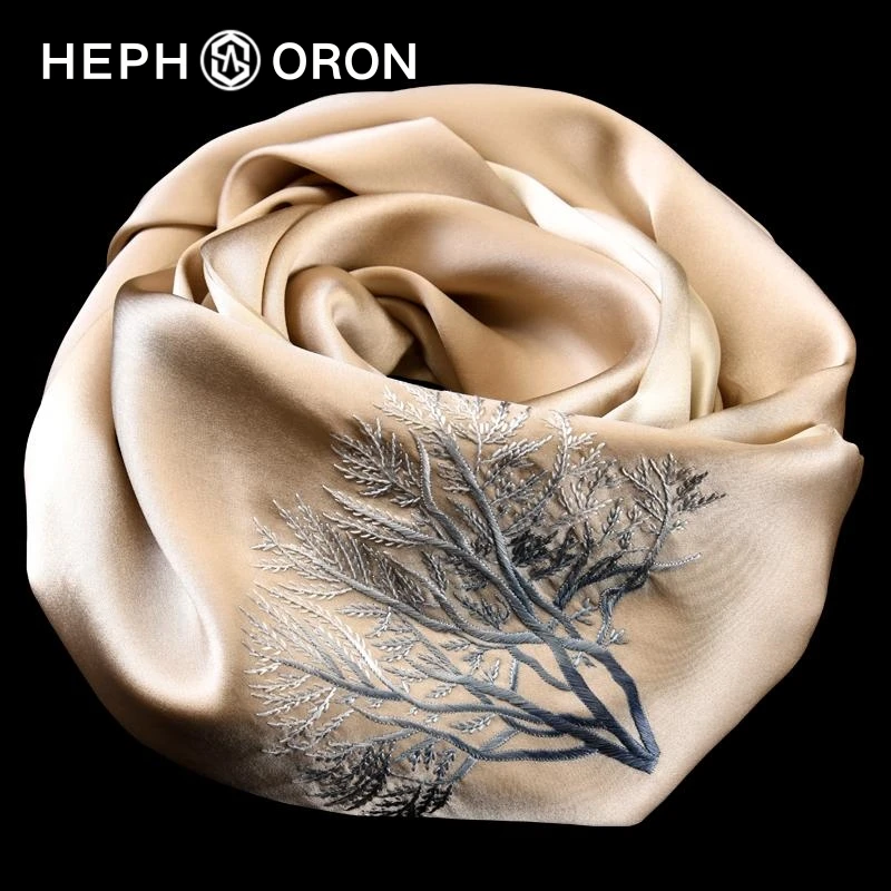 HEPHSORON苏绣丝巾礼盒送长辈咖色刺绣百搭高级感桑蚕丝真丝围巾