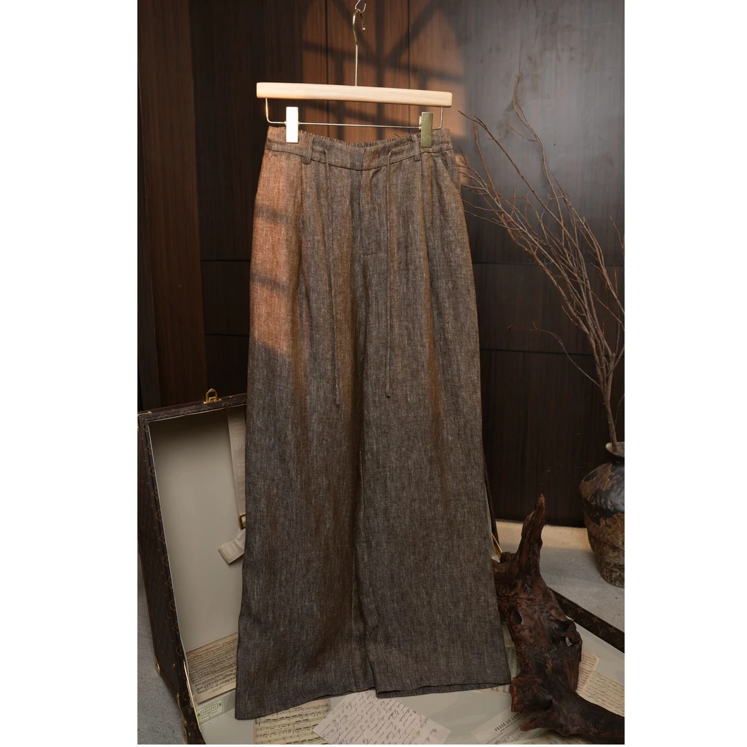 喵喵家【意大利软麻】时尚气质百搭宽松直筒休闲女西裤