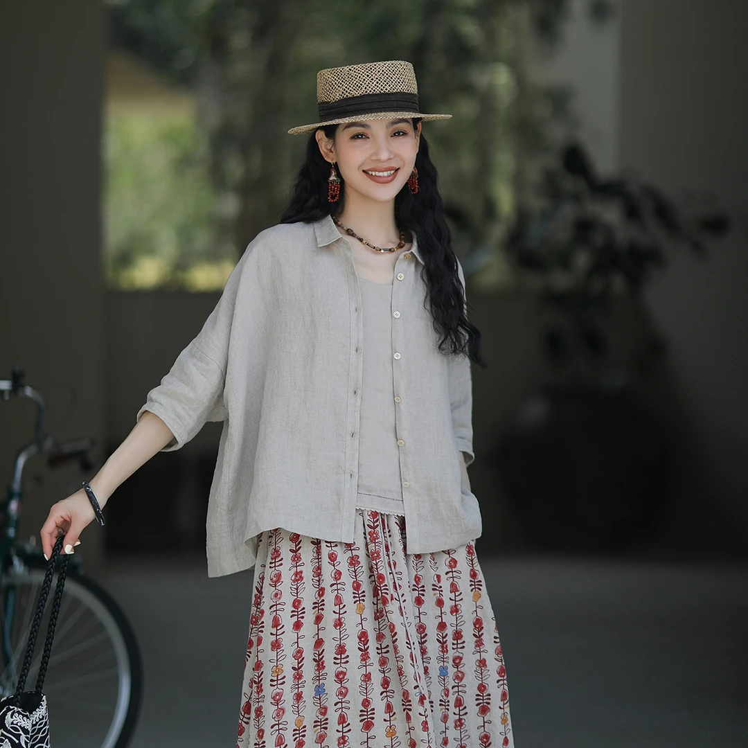 麻霖原创设计夏季新品21支100%亚麻雨露麻休闲文艺五分袖清透衬衫