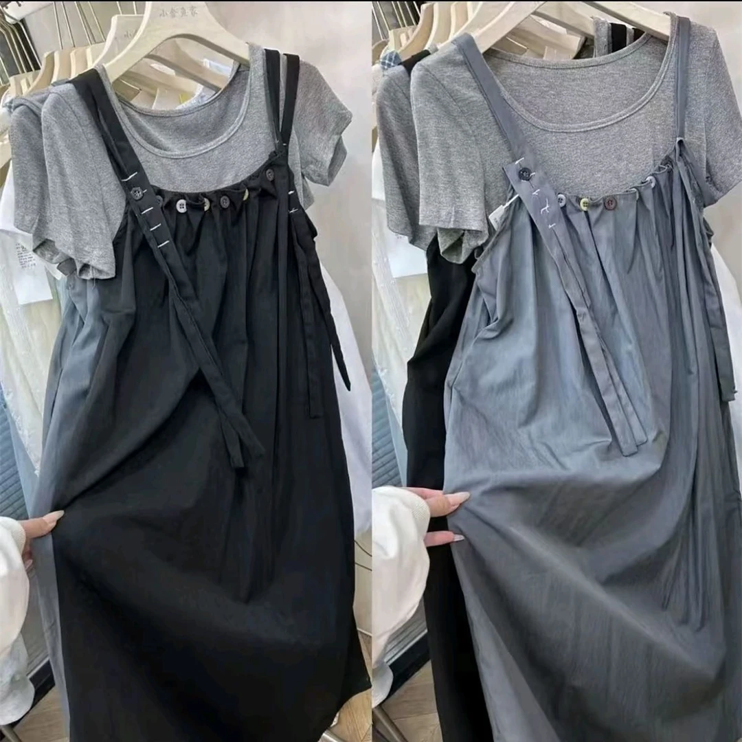 日系初中生女夏装T恤背带裙连衣裙学生少女韩版短袖T恤两件套装潮