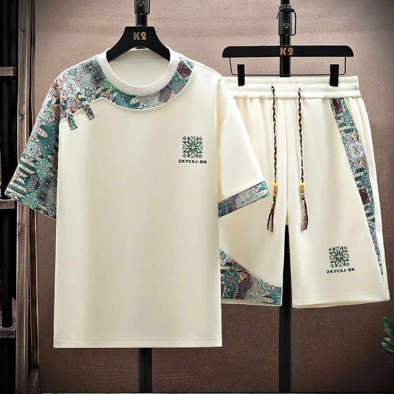 中国风短袖短裤套装男夏季冰丝凉感男士穿搭一整套新中式国潮衣服