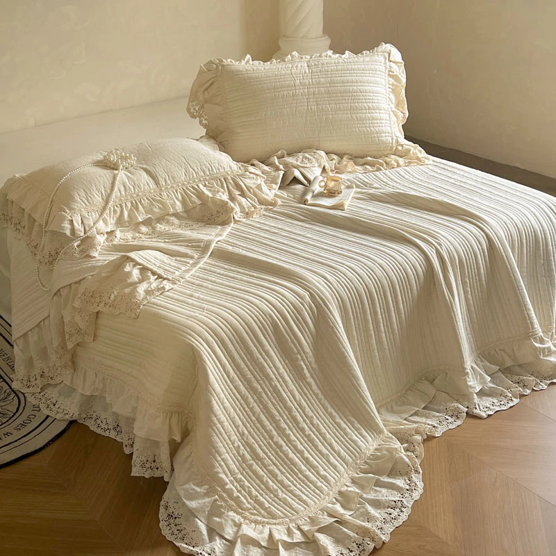 森系法式公主风纯色绗缝简约榻榻米加厚棉麻床盖三件套