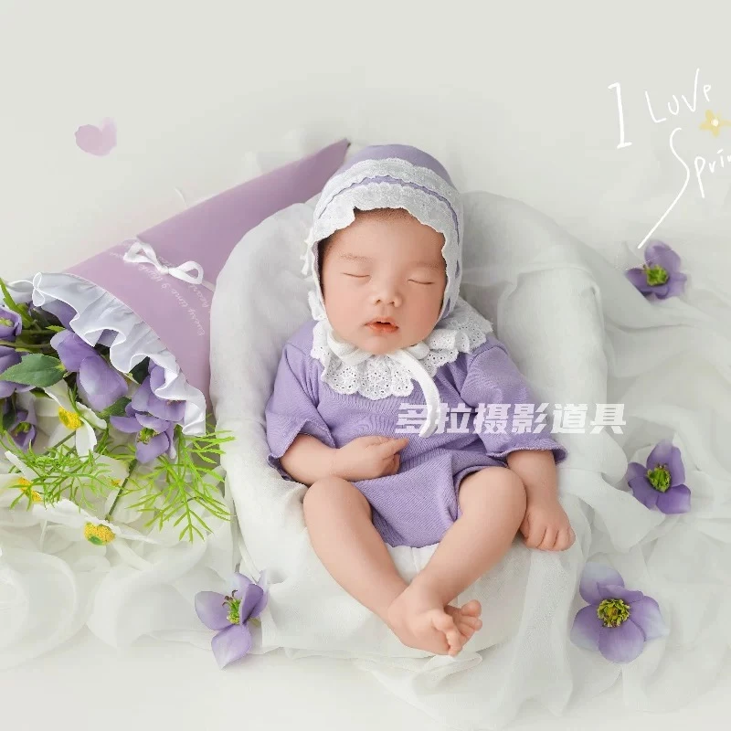 紫色春天主题新生儿满月宝宝摄影服装道具宝宝满月照影楼儿童摄影