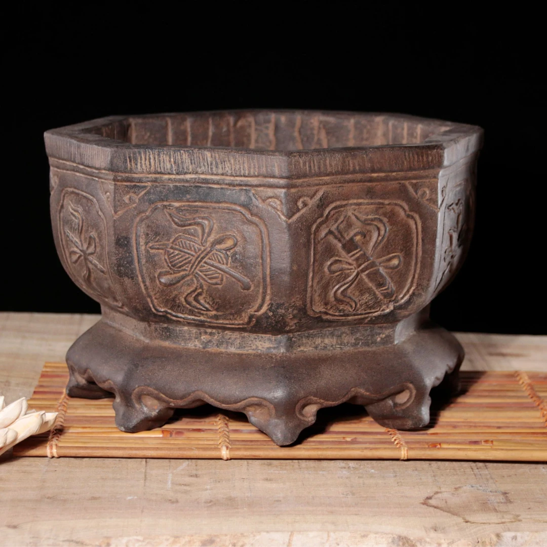 中国风禅意仿古造景花盆雕刻工艺品古法养鱼造型花盆