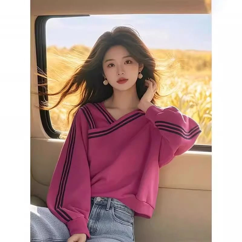 树莓色条纹V领卫衣女2025年秋季新款复古设计感小众别致长袖上衣