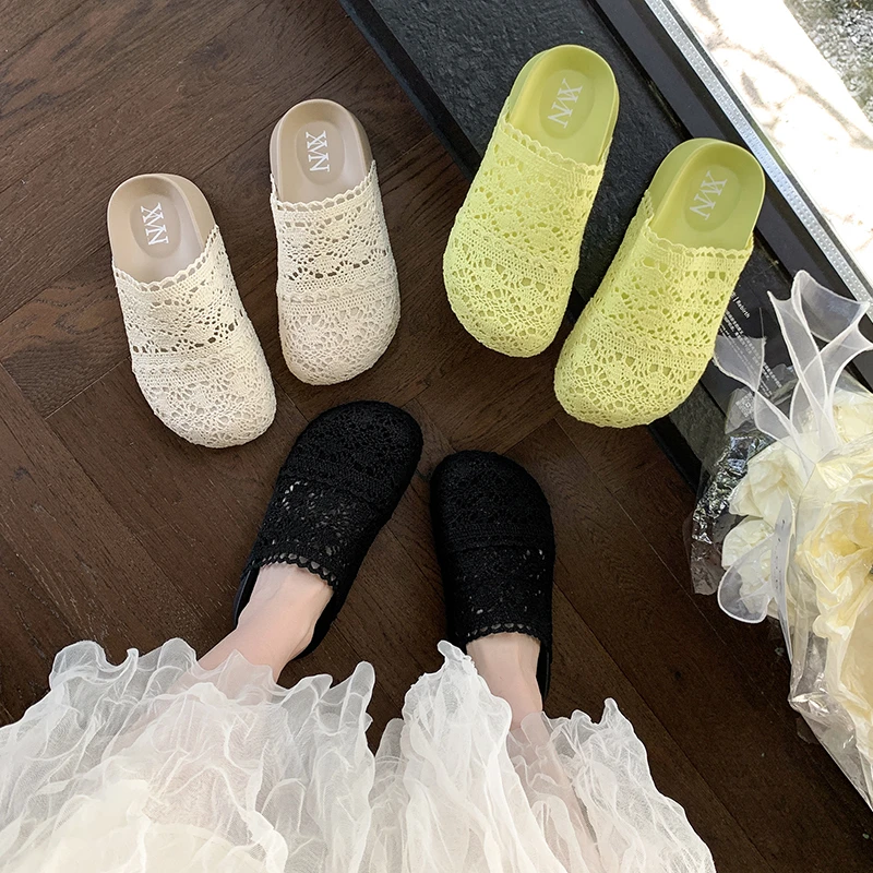 厚底增高一脚蹬懒人勃肯鞋超火包头半拖鞋女春夏外穿镂空2025新款