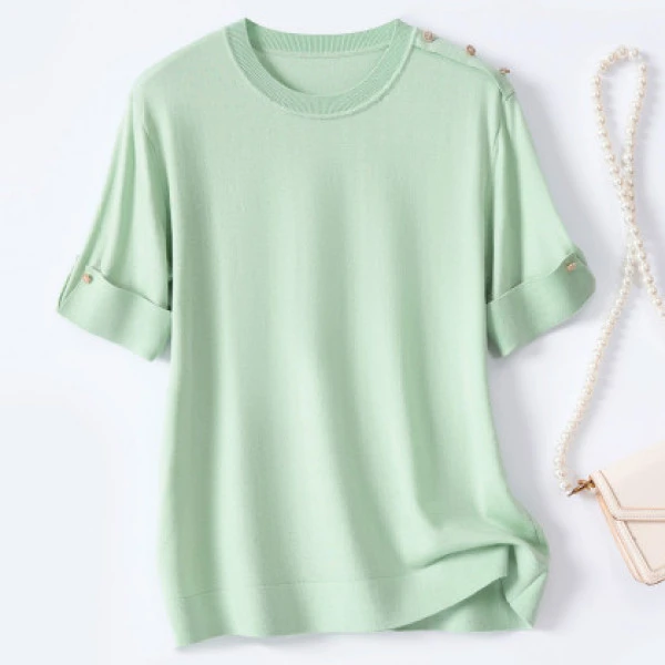 桑蚕丝莱赛尔舒适圆领短袖春夏通勤气质女式针织衫0064