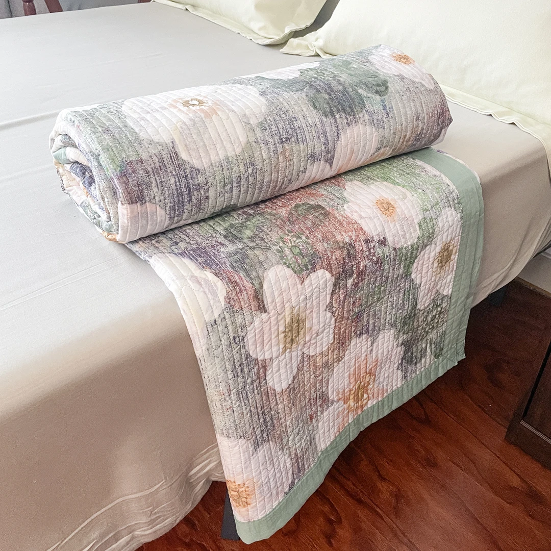 K821 纯棉数码印花双人床盖 青序200*230轻奢软装立体欧式学生